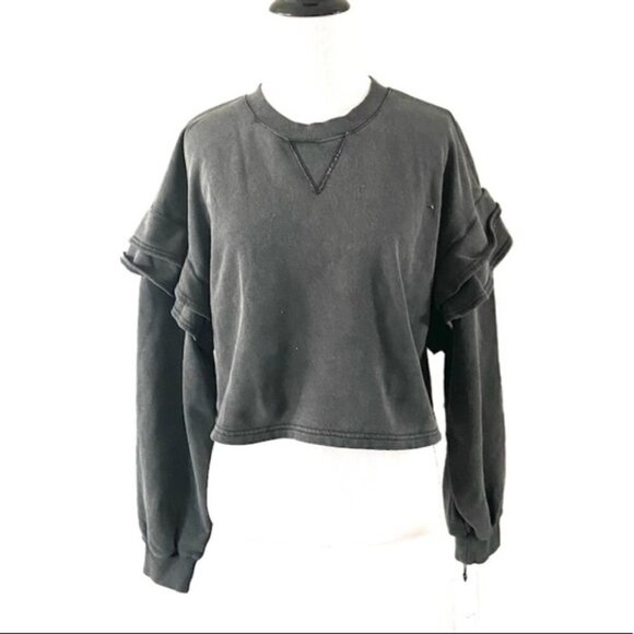 7FAMK 7 For All Mankind Women's Cropped Ruffle Shoulder Dark Gray Sweatshirt - Picture 5 of 14